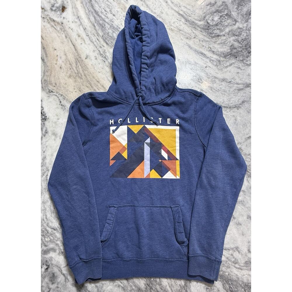 Hollister Men's Graphic Print Pullover Hoodie - BLUE - SMALL (VGC)